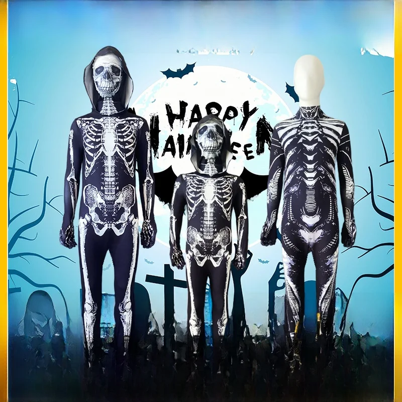 

Хэллоуин скелет смерти костюм скелета плотный пар костюм для родителей и детей полиэстер материал этнический сценический костюм