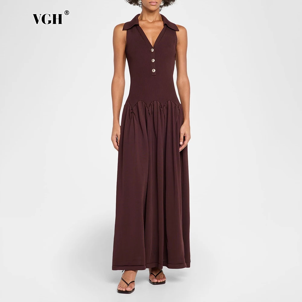 VGH Chic Minimalist Brown Knit Slimming Dress for Women Lapel Sleeveless Button Accent Design A Line Skirt for Casual Outings
