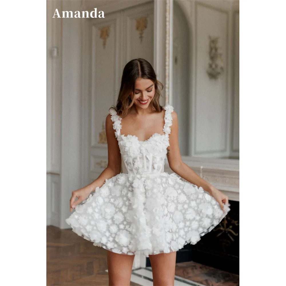 Amanda White Mini Prom Dresses Flower Lace ricamo abito da sera senza maniche Lace-up Spaghetti Strap Party vestidos de fiesta