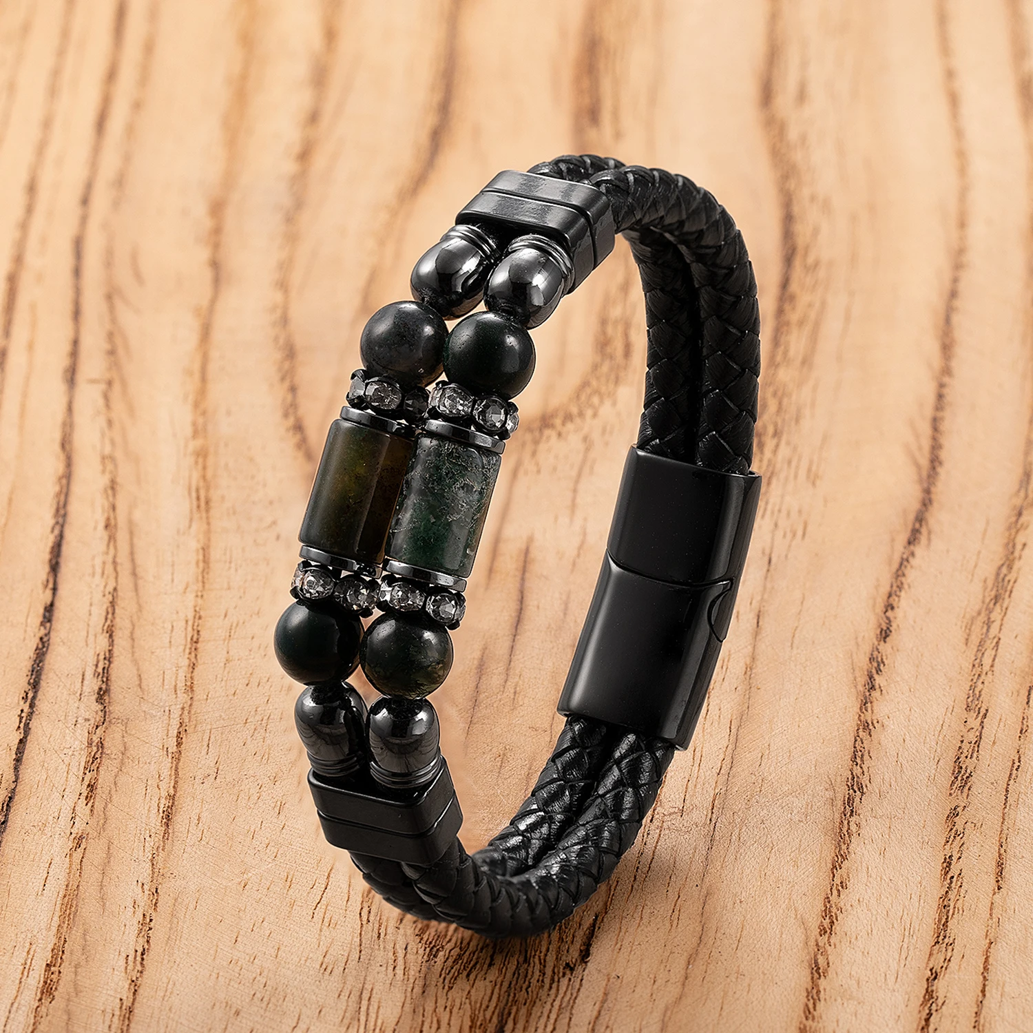 Natural Agate Tiger Eye Stone Bracelets Men\'s Jewelry Braided Leather Handmade Male Bangles 2024 New Stainless Steel Jewelry