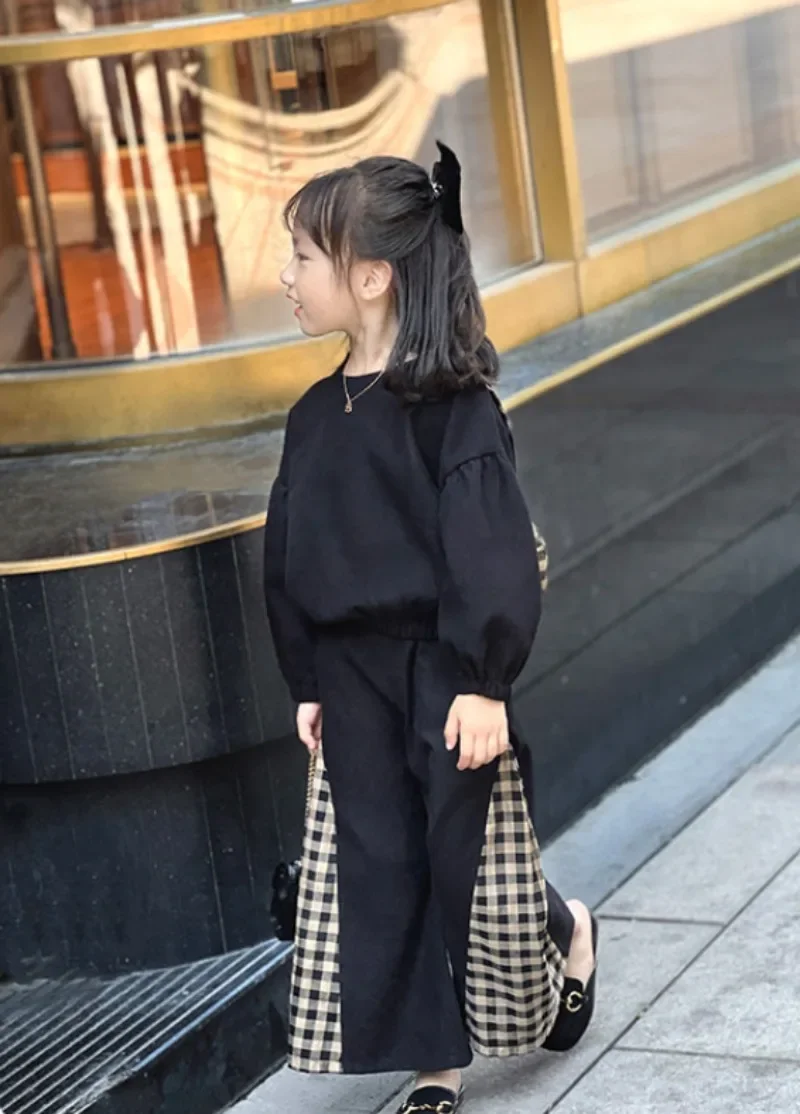 Autumn Girls New Big Bow Two Piece Set Top Plaid Pant Pullover Unhooded Loose Fashion All-match Outdoor