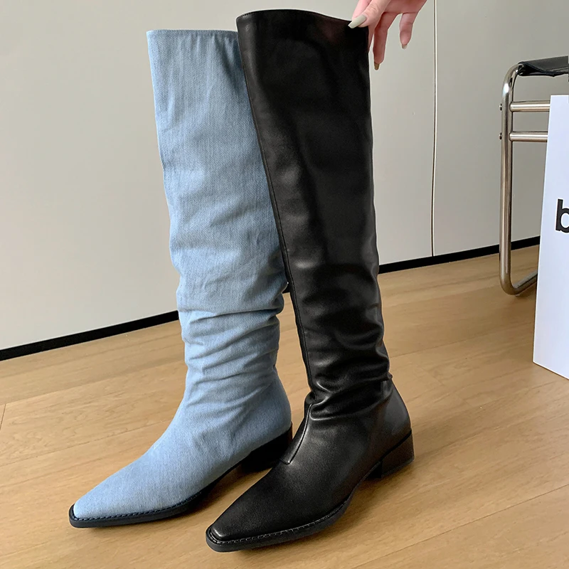 JOZHAMTA Size 34-39 Women Knee Boots Chunky Mid Heels Shoes Woman Winter 2023 Pointed Toe Jeans Blue Casual Dressy Long Boots