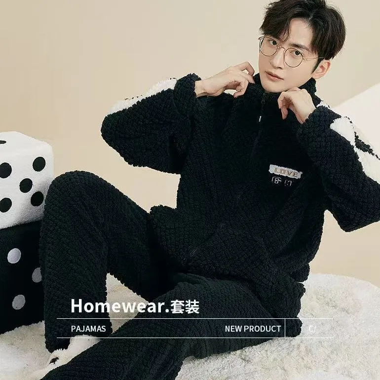 Sleepwear Winter Men's Pajamas Men's Pajamas  Fleece Thickened Warmth Zipper Stand-up Collar Casual Home Wear Set Outside