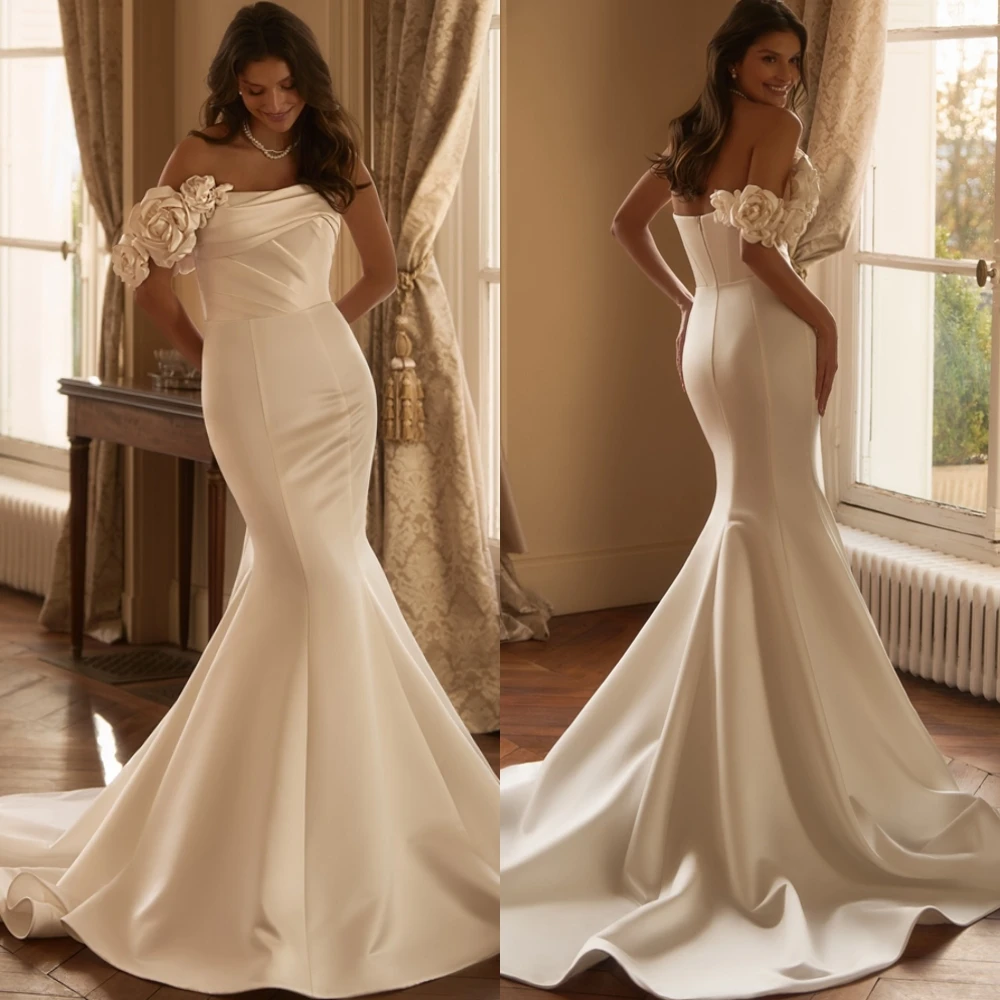

Customized Exquisite Strapless Satin Evening Dress Graceful Mermaid Wedding Dresses Fashion Flowers Special Occasion Gowns