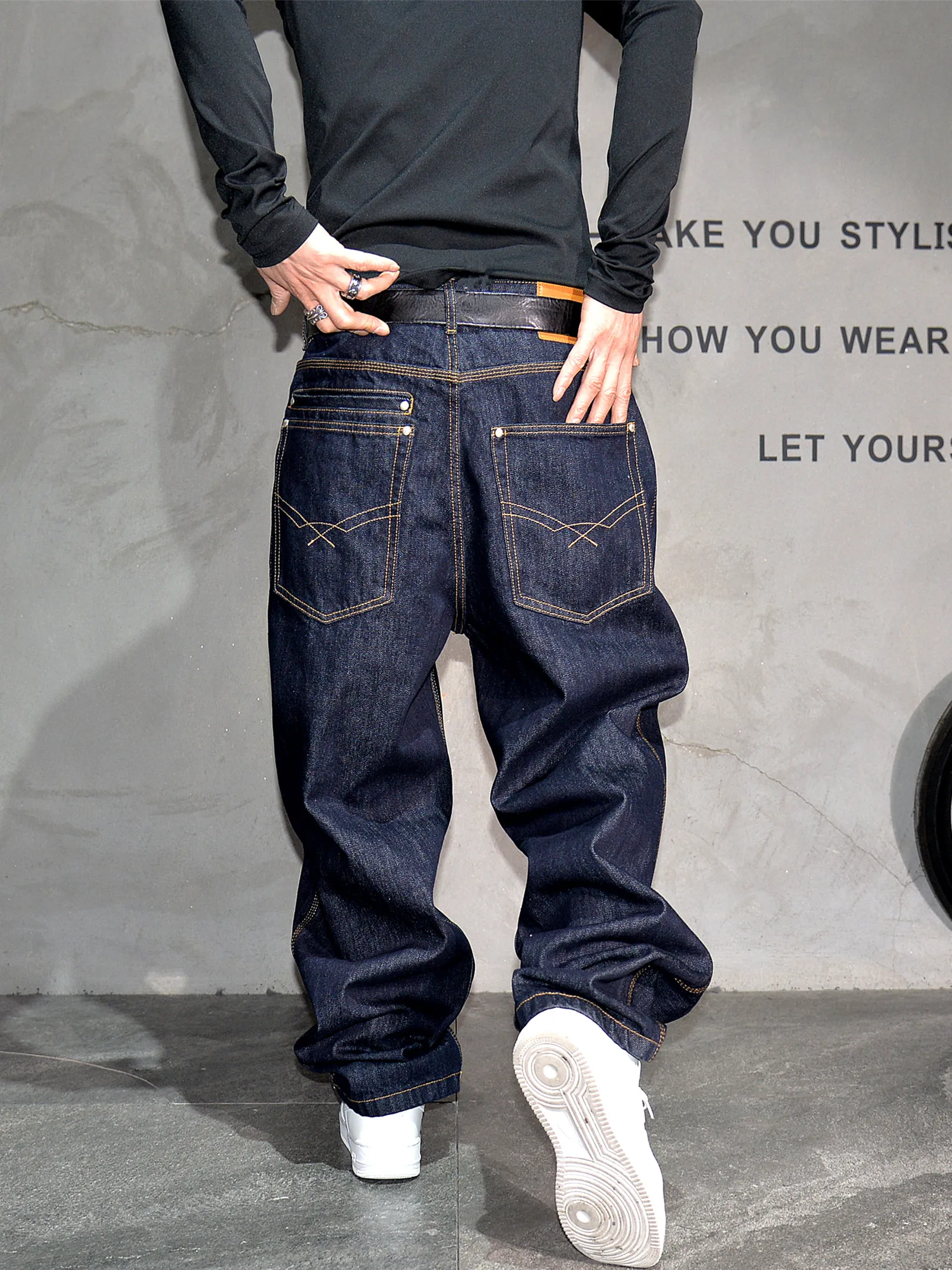Mens American Heavyweight Raw Jeans Blue Harem Straight Leg Vintage Hip Hop Trendy Casual Denim Pants High Quality Streetwear