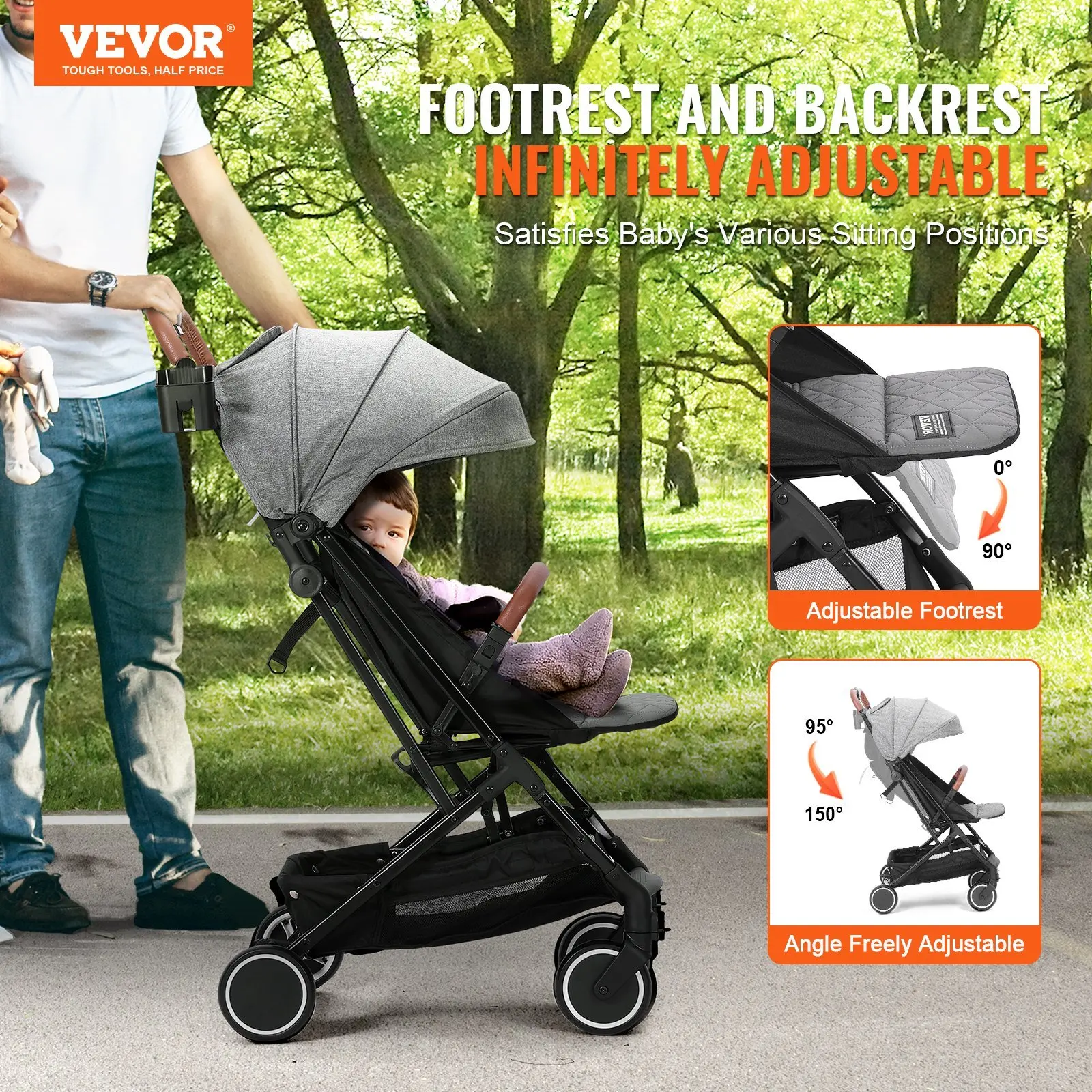 With 95°-150° Adjustable Backrest Newborn Stroller 0/90°Adjustable Footrest Grey Standard Baby Infant Stroller One-click Folding