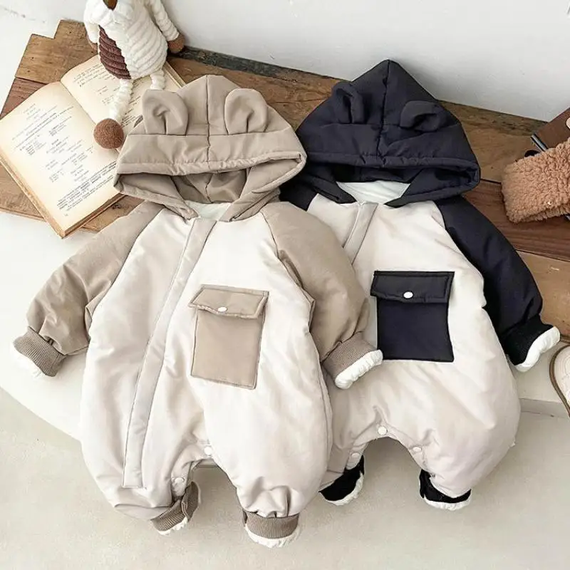 

2024 Winter New Baby Long Sleeve Warm Hooded Romper Plus Velvet Thick Newborn Toddler Zipper Jumpsuit Infant Warm Clothes 0-24M