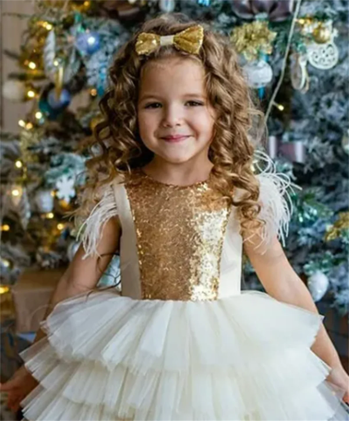 Flower Girl Dress White Layered Tulle Gold Sequin Wedding Cute Flower Child's First Eucharistic Birthday Party Dress Girl Gift