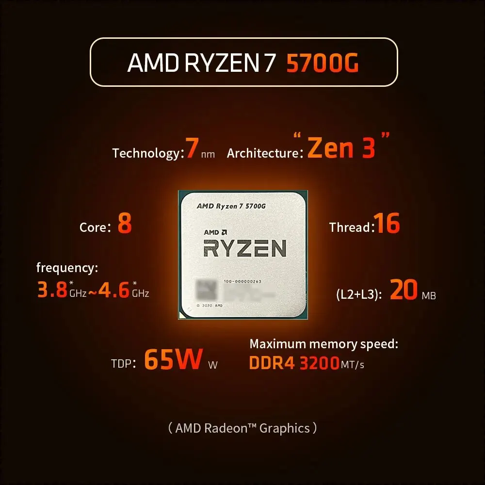 AMD Ryzen 7 5700G 3.8GHz Base Clock CPU de processador de mesa de 8 núcleos e 16 threads, soquete AM4, gráficos AMD Radeon, sem ventilador de dissipador de calor