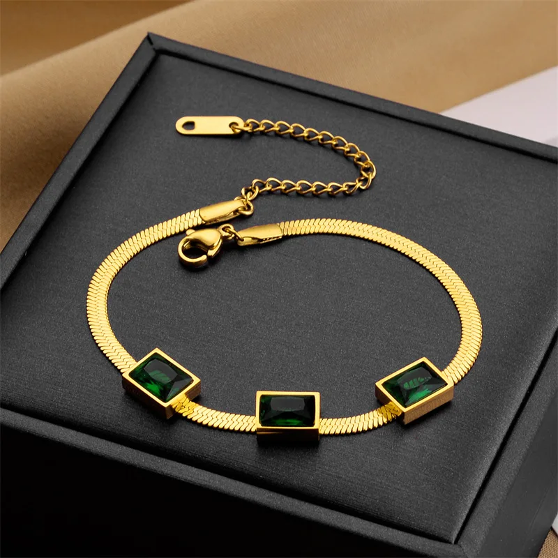 

DIEYURO 316L Stainless Steel Green Crystal Bracelet For Women Gold Color Vintage Girls Snake Chain Wrist Jewelry Party Gifts