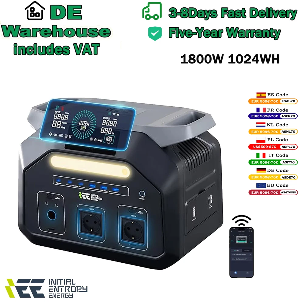 Station d'alimentation portable IEE P1800, générateur solaire 1800W, batterie LiFePO4 de qualité EV 1024Wh, 11 ports de sortie, 220V, 3600W de puissance de pointe