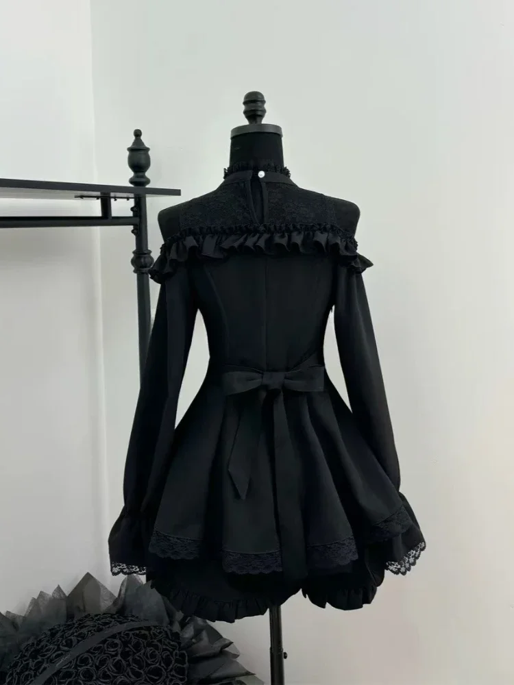 Gótico lolita preto conjunto de duas peças feminino chique vestido de renda + cintura alta shorts finos novo escuro y2k japonês vintage ternos chique