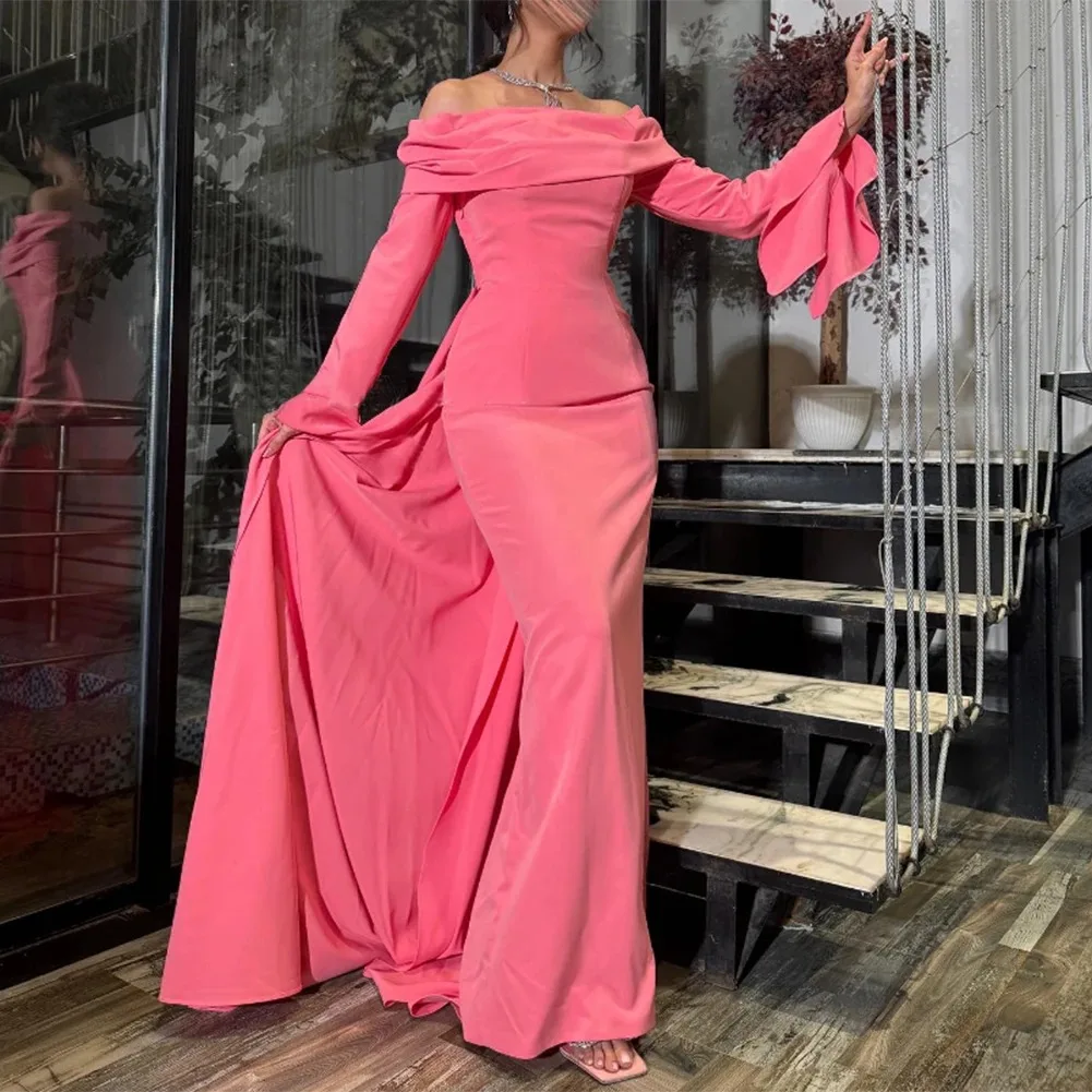 

Hot Pink Evening Dress Long فساتين سهرة Long Sleeve Luxury Prom Dress Mermaid Off Should Sheath Crepe Formal Wedding Party Gown