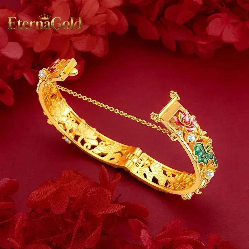 

EternaGold Exclusive 9999 Real 24K Yellow Gold Large Ethnic Enamel Lotus Bracelet with Pearl Lotus Buckle