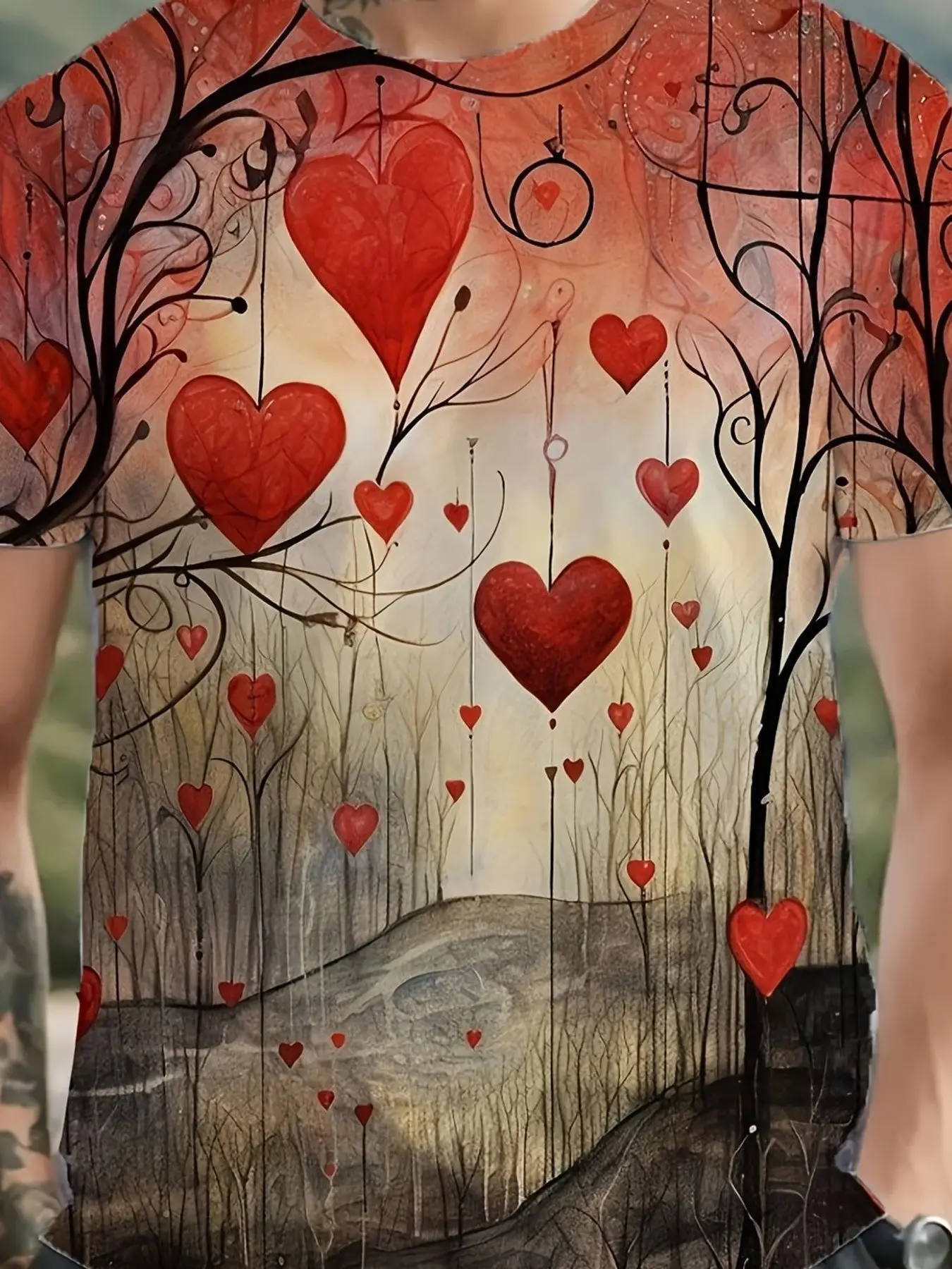 Men Vintage Red Heart Tree Landscape Print T Shirt Crew Neck Short Sleeve Romantic Valentine Casual Daily Tees