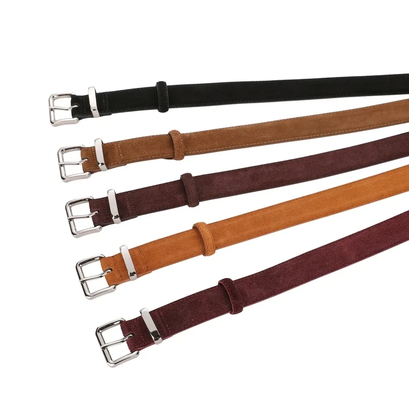 Womens Suede Cowhide Belts Trendy Genuine Leather 2.8cm Wide Belt with Metal Buckle Matched for Dresses