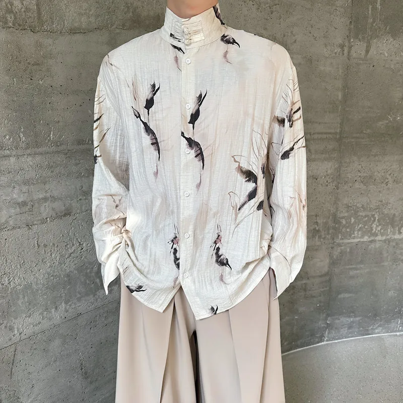 

Casual Long Sve irt Men's Loose Fit Stand Collar Button up Chinese Sle Floral Print Youth ular Four Seasons Wear