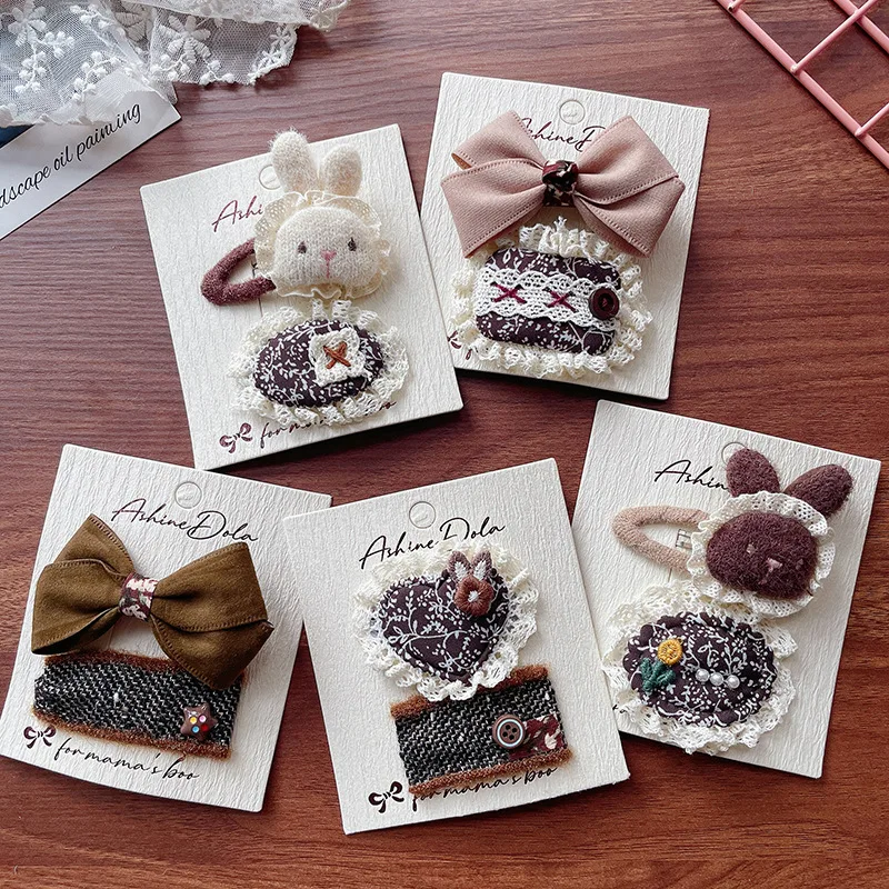 

Милые мультяшные заколки для волос в виде кроликов, вышитые вязаные цветочные банты, заколки для челки, модные аксессуары для волос для девочек