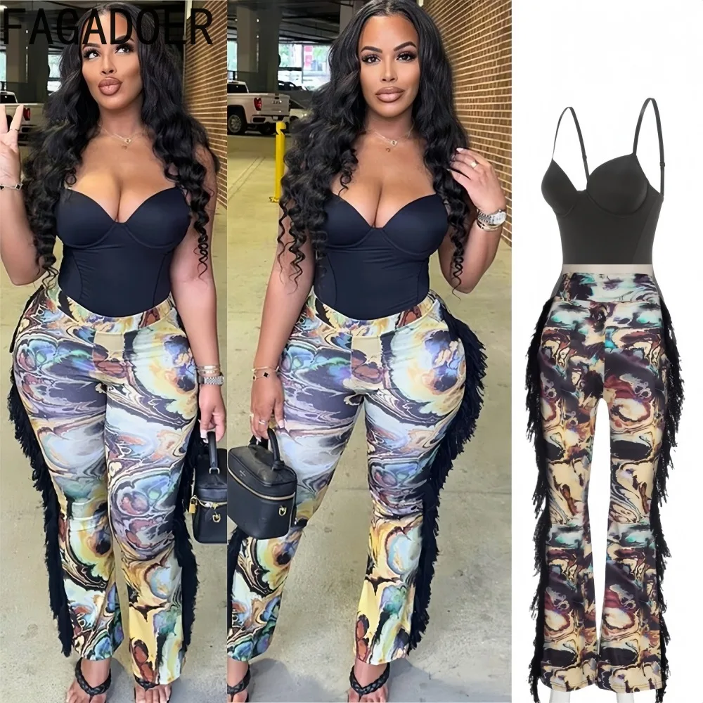 

FAGADOER Fashion 2 Pieces Set for Woman Spaghetti Strap Sleeveless Backless Crop Top and Tassel Pants Female Streetwear Clothing