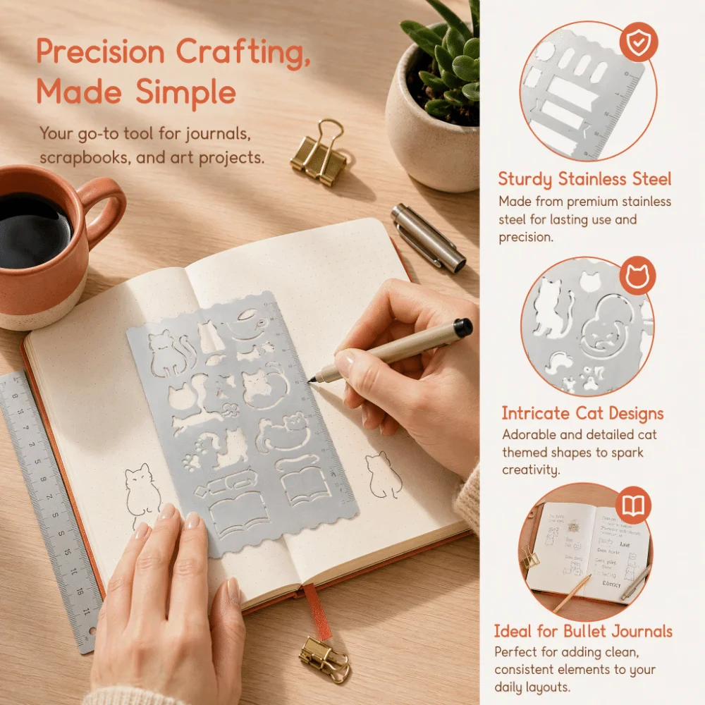Hollow Design Stainless Steel Drawing Ruler Precision Cat Shape Scrapbooking Ruler Rust Proof Journal Template Ruler