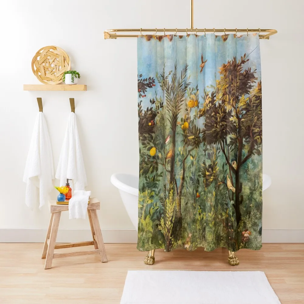 ANTIQUE ROMAN WALL PAINTING Flower Garden Flying Birds ,Quince and Apple TreesShower Curtain Curtains In The Bathroom