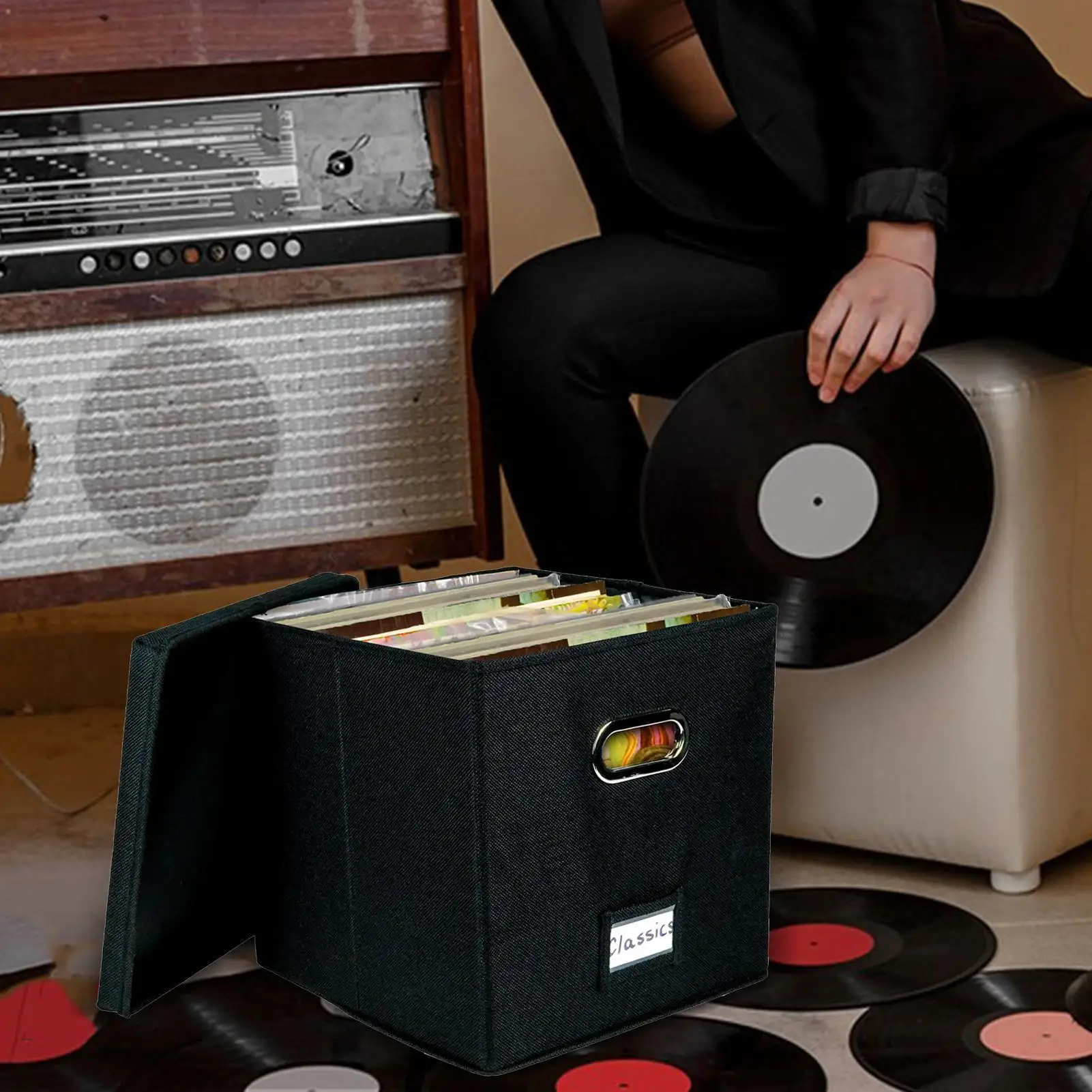 

Vinyl Record Storage Box Large Capacity Foldable For 50 LP Albums Cotton Linen Fabric Organizer With Lid Multi Functional Home