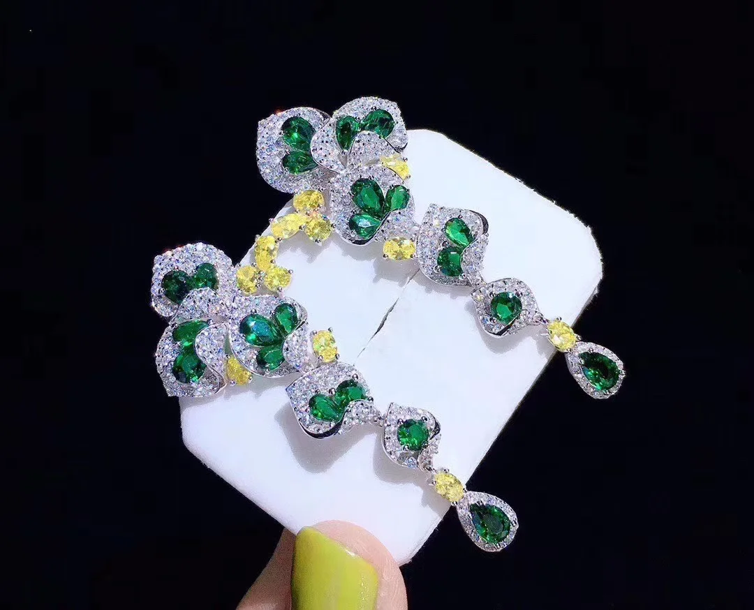 Emerald Silver Earrings Women's 925 Silver Needle Zircon Long Silver Stud Earrings Pendant 5