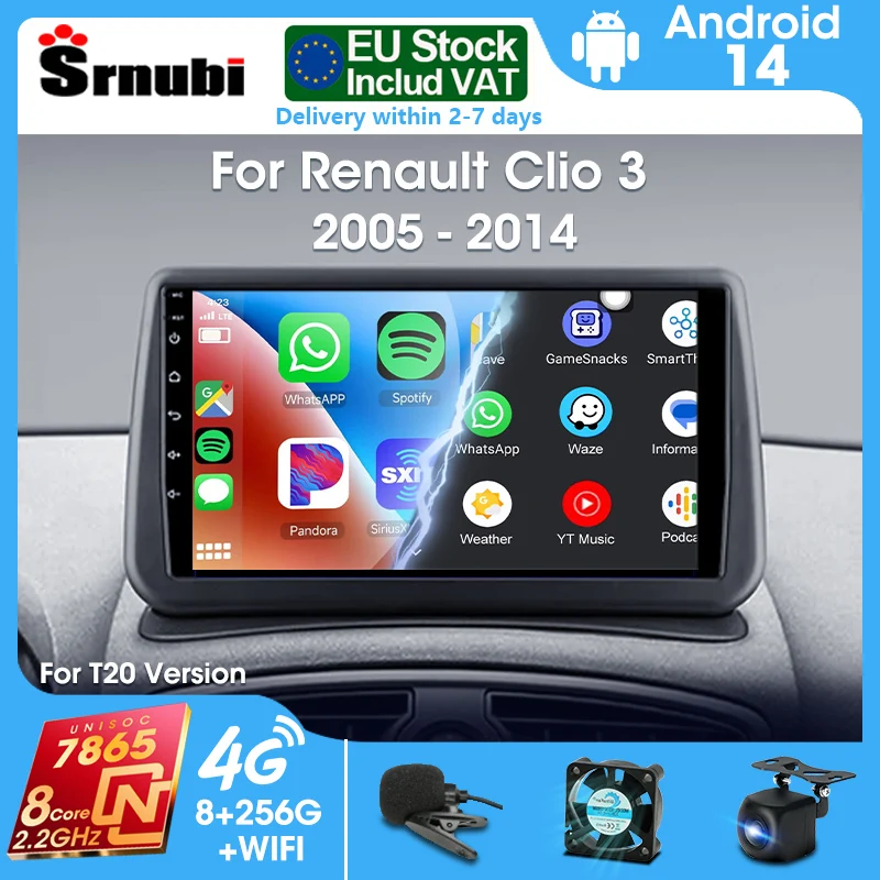 Srnubi 2Din Android 14 pour Renault Clio 3 2005-2014 Carplay autoradio lecteur multimédia GPS Navigation stéréo Ai Voice Bluetooth