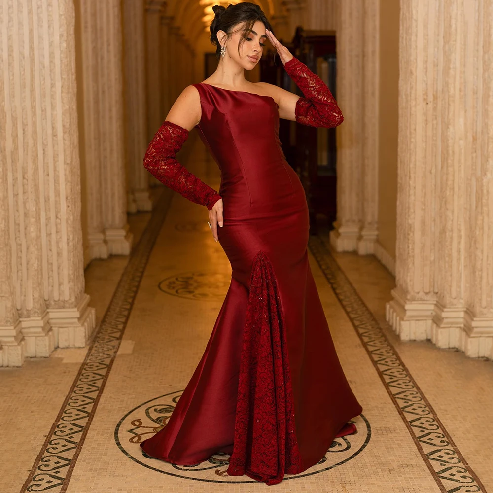 

Customized Burgundy One-Shoulder Satin Formal Evening Dress With Lace Sleeveless Mermaid Party Gown Floor Length Prom Dress