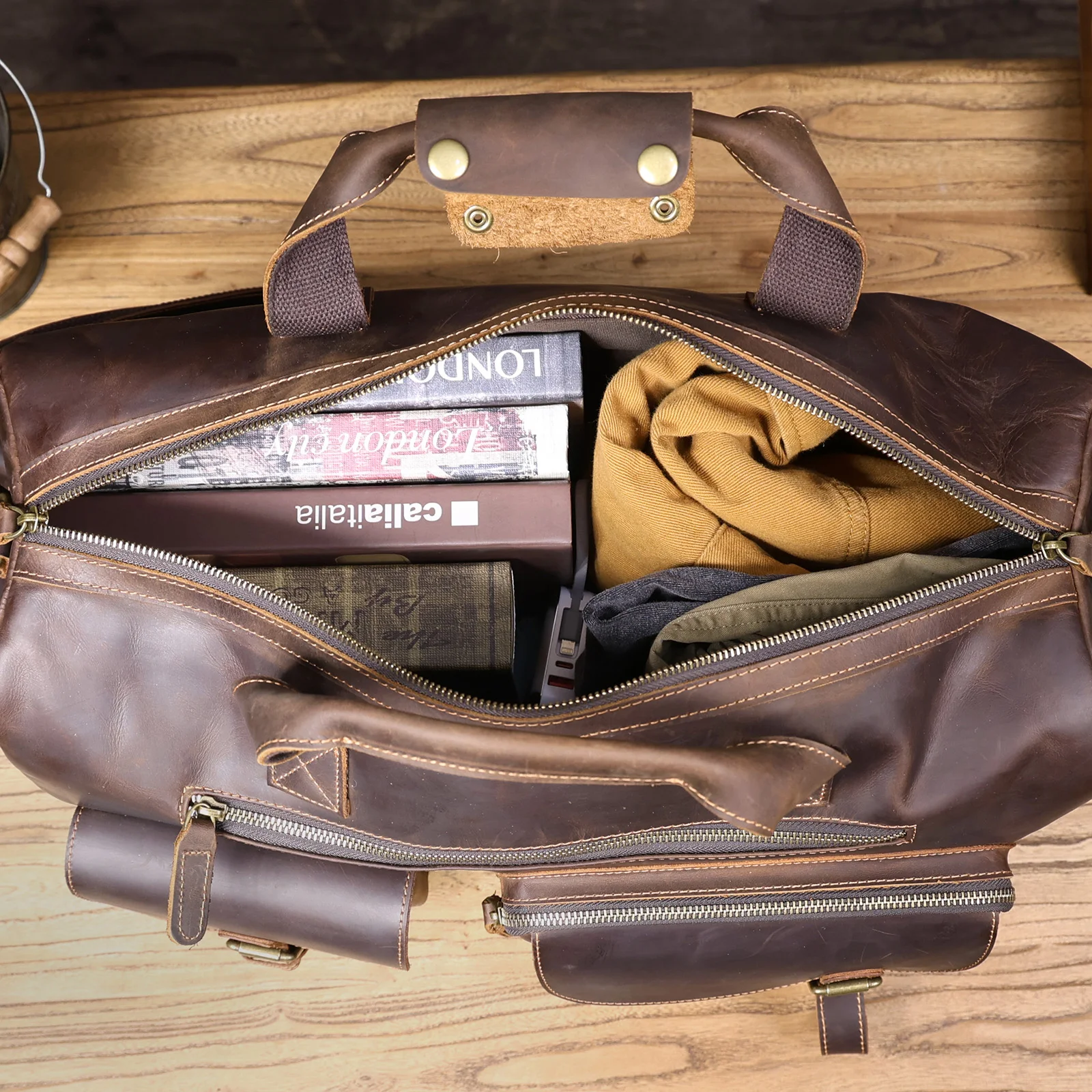 S.WORKER Vintage Vollnarbiges Rindsleder Reisetasche Große Kapazität Handgepäck Echtleder Weekender-Tasche – Detail 20