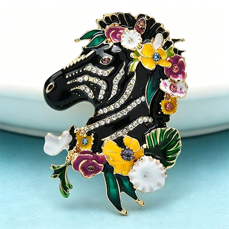 Wuli & baby-broches de cebra y flores para mujer, broches de esmalte Unisex, broche de Animal de diseñador Vintage, alfileres de fiesta de oficina,