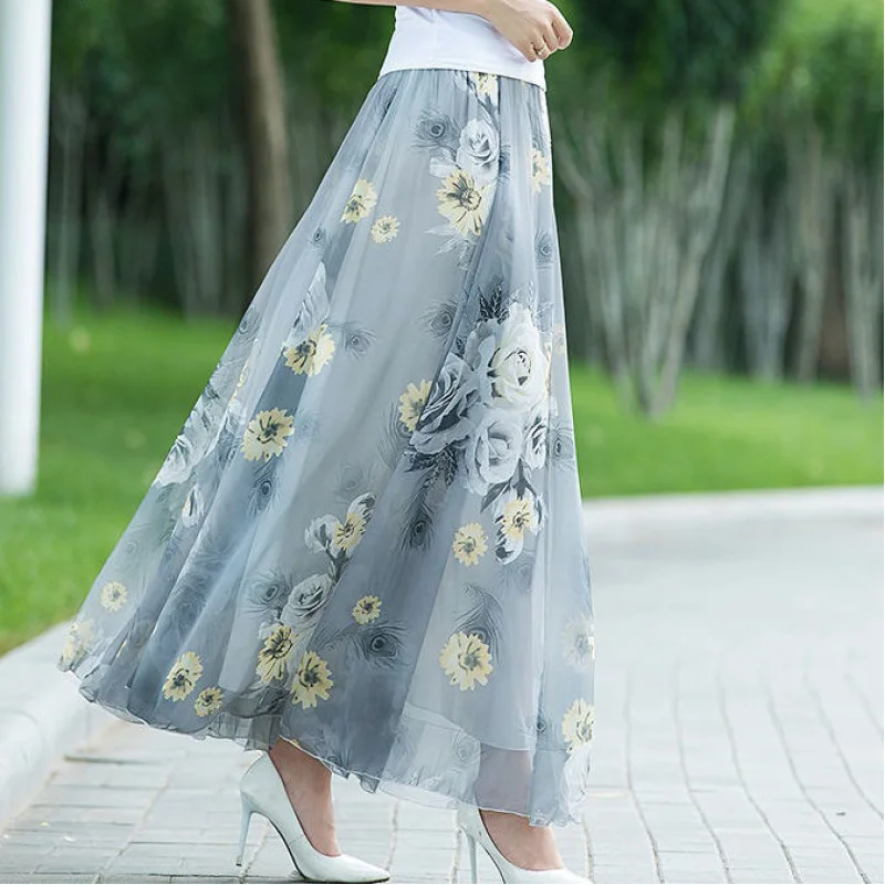 Casual Women'S Chiffon Flower Skirt Mid-Length High Waist Retroa Word Dancing Dress Graceful Beach Halfskirt Ladies