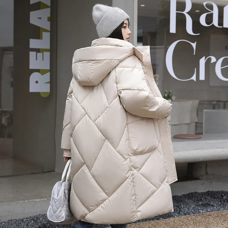 Winter Rhombic Lattice Loose Cotton Jacket Coat Women's Solid Color Big Pocket Hooded Jackets Casual Medium Long Parka 2023 New