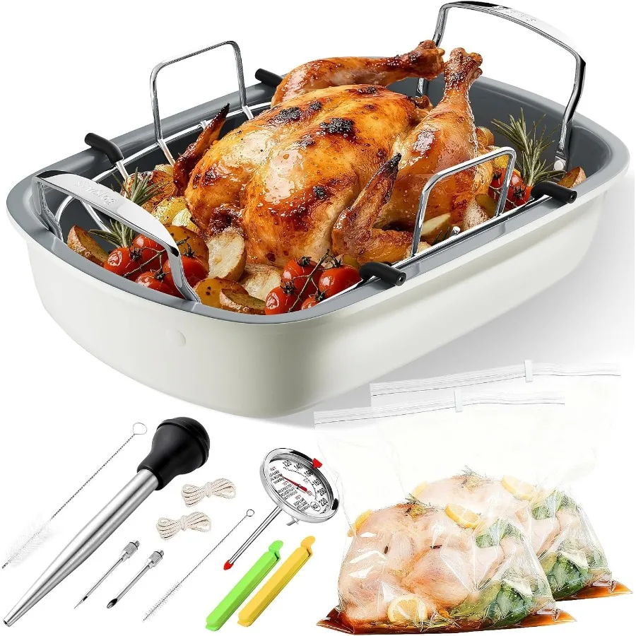 

Turkey Roasting Pan 17x13 Inch Nonstick Roaster Pan with Removable Rack Turkey Baster Meat Thermometer Turkey Brine Bags Ideal