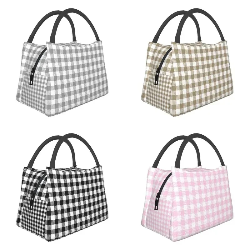 

Gray And White Gingham Thermal Insulated Lunch Bags Geometric Checkered Plaid Resuable Lunch Container for Camping Meal Food Box