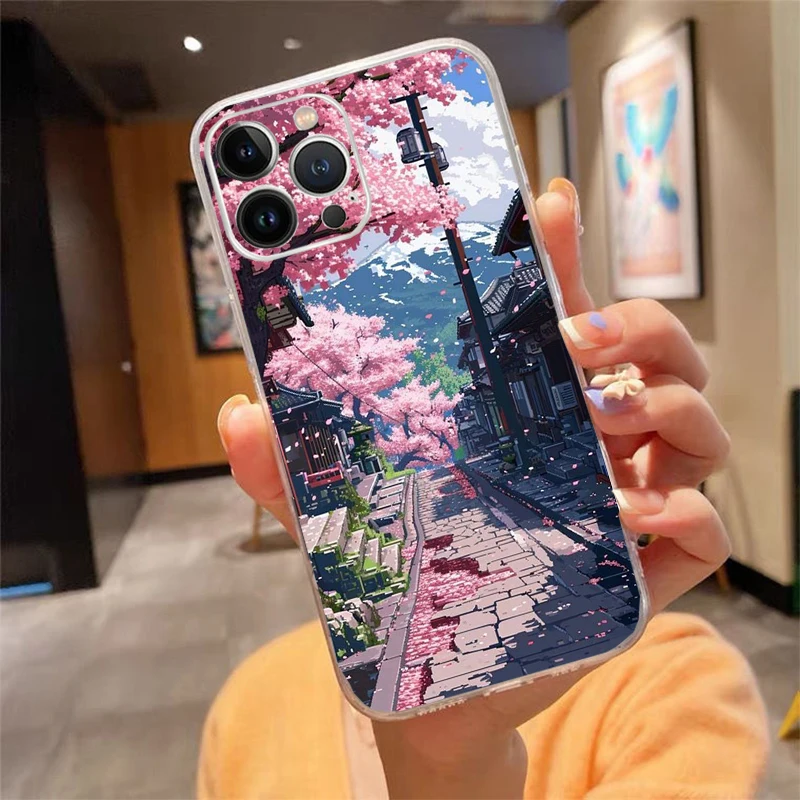 Japanese Landscape Cherry Flower Phone Case For iPhone 16 15 14 13 12 11 Pro Max Plus Mini