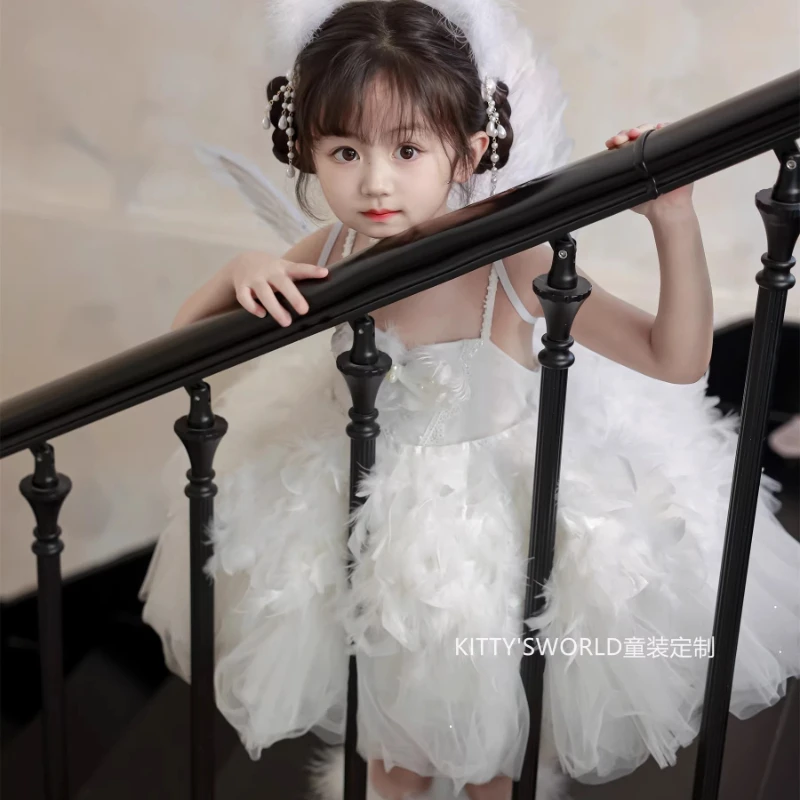 Girls Princess Wedding Dress Flower Girl Suspender Troupe Dress Feather Angel Wings Lolita Birthday Party Gift Kids Sweet Dress