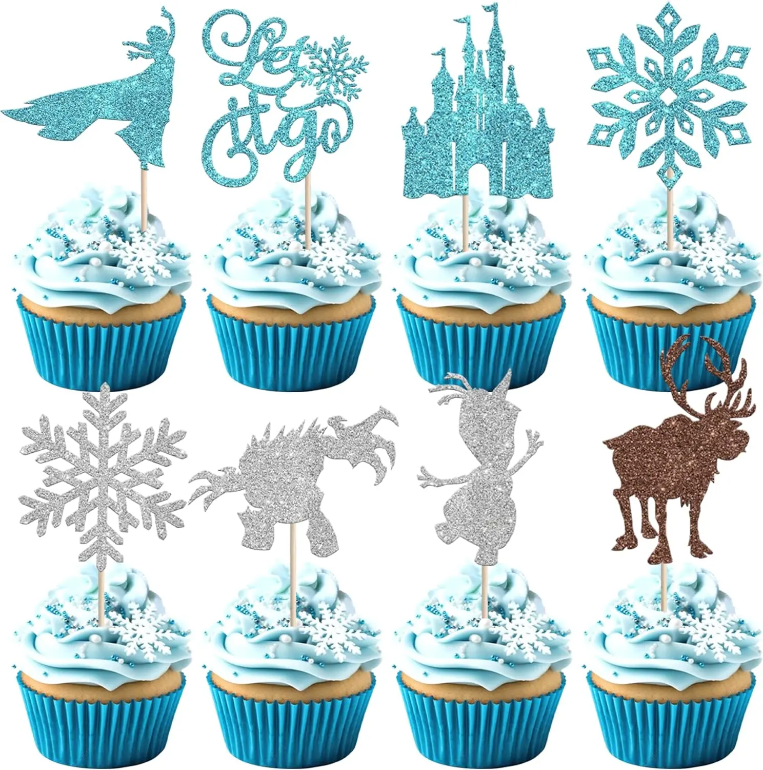24 Stück Schneeflocken-Cupcake-Topper Glitzer Winter Frozen Thema Schneeflocken-Schloss Hirsch Prinzessin Cupcake-Dekorationen für Winterwunderland