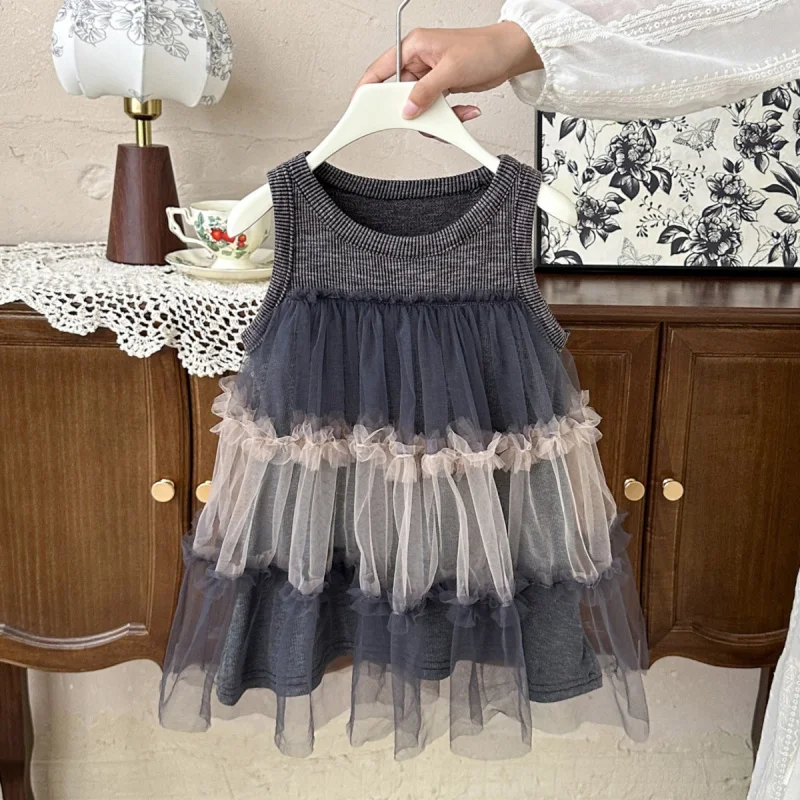 

Girls' Summer Dress2025New Style Children's Summer Fashionable Strap Dress for Big Kids Trendy Princess Dress