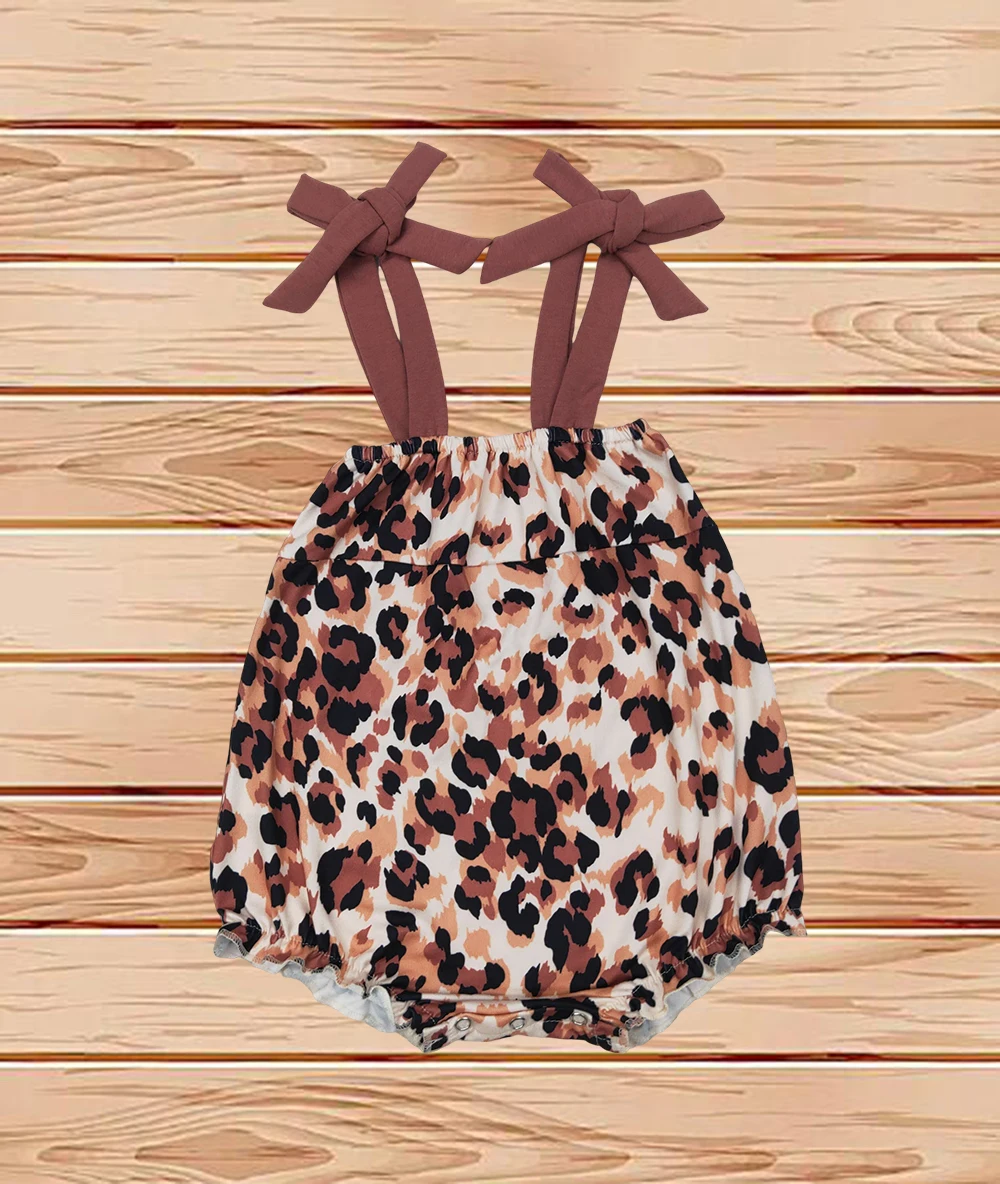 

3.31 Wholesale western boutique onesies Newborn toddler Baby Infant Girls Dark Brown Bows Strap Leopard Rompers