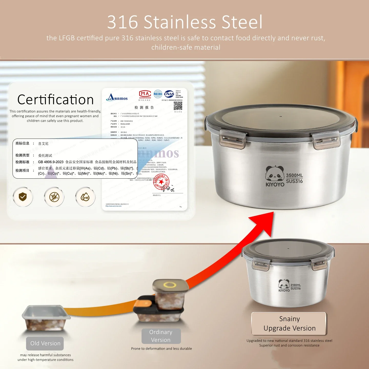 Certified Pure 316 Stainless Steel Kitchen Round Food Box Well Sealed Vegetable and Meat Preservation Case Fridge Organizer