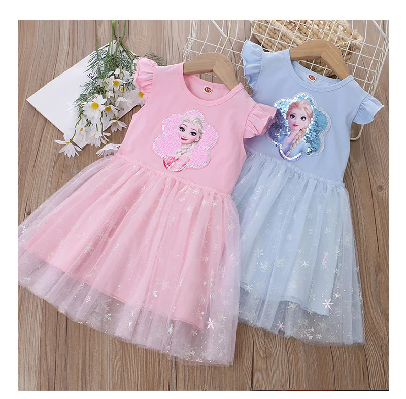 Shimmering Sequined Frozen Elsa Dress for Girls Cartoon Frock Summer Adorable Casual Soft Robe Kids Princess Comfortable Clothes