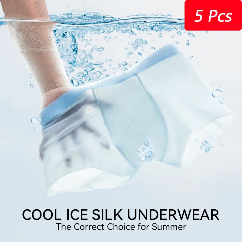 

5 Pcs Men's Cool Ice Silk Underwear Summer Ultra-Thin Breathable Boxer Mesh Coolness Boxershorts Skin Feeling