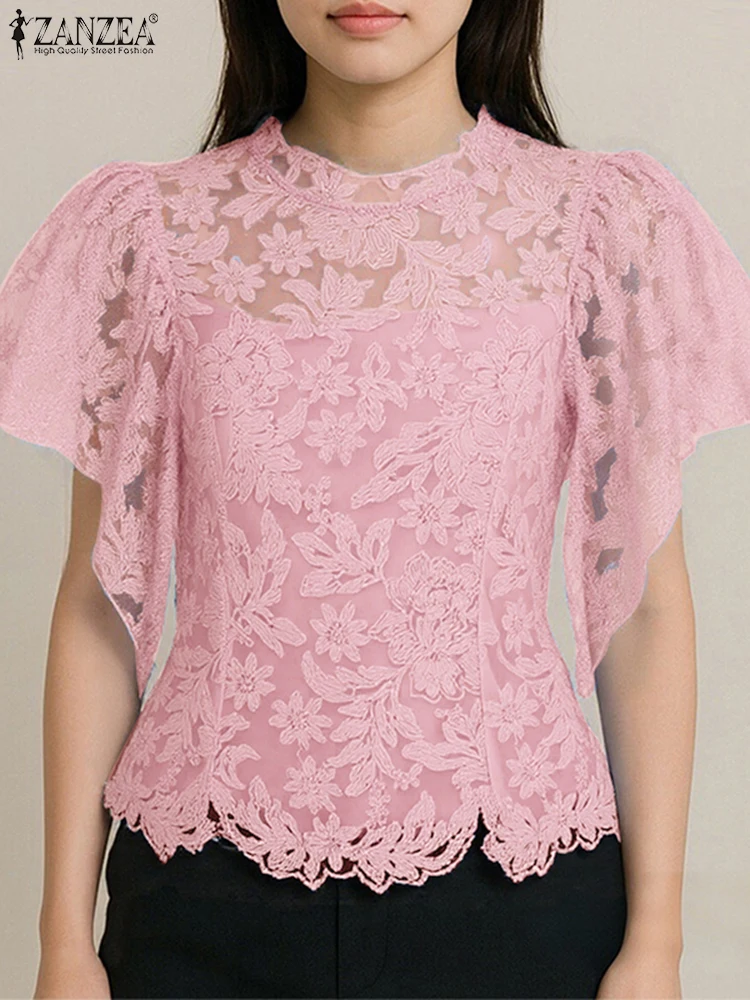 ZANZEA ผู้หญิงเสื้อแฟชั่น 2025 ฤดูร้อนแขนสั้น Ruffles เสื้อลูกไม้ Elegant OL Office Lady เสื้อ STAND COLLAR Blusas