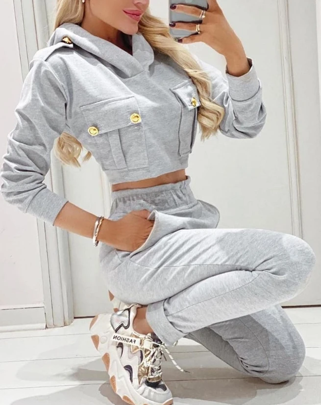 Women's Sports Suits 2024 Autumn Winter Latest Exposed Navel Long Sleeve Hooded Sweatshirt & Elastic Waist Pocket Long Pants Set