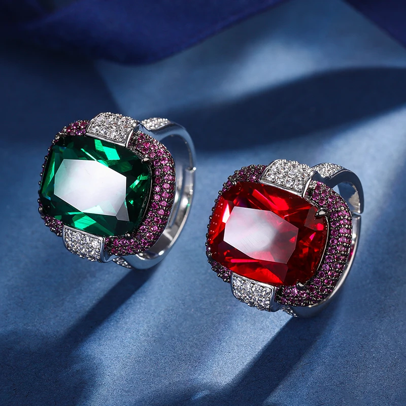 EYIKA Vintage Cushion Cut Square Lab Ruby Emerald Rings Black Gold Plated Green Rose Red Stone Chunky Ring Women Party Jewelry