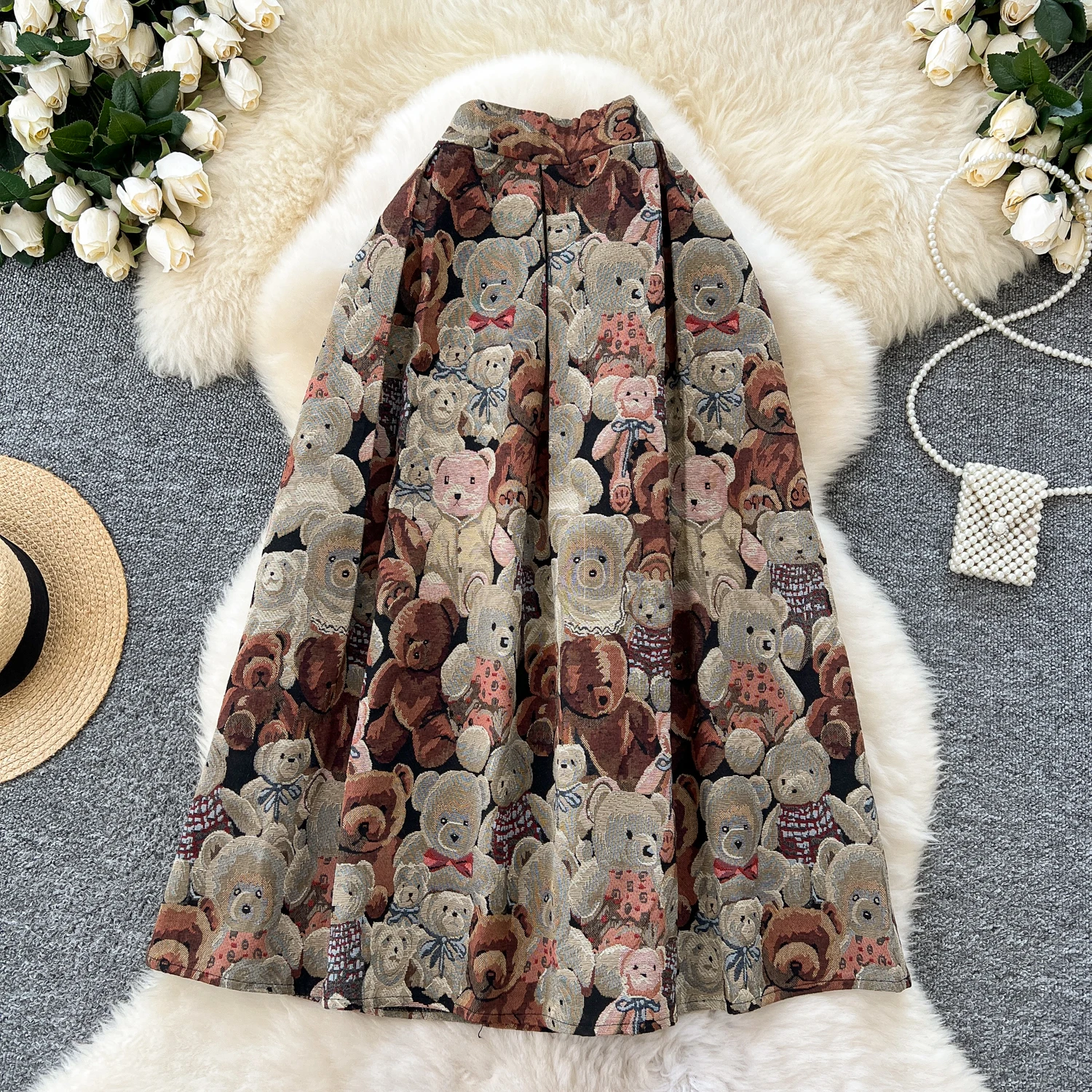 Vintage Little Bear Jacquard High Waist Pleated Basics A-line Long Skirt French Fashion Streetwear High Street Winter Clothing