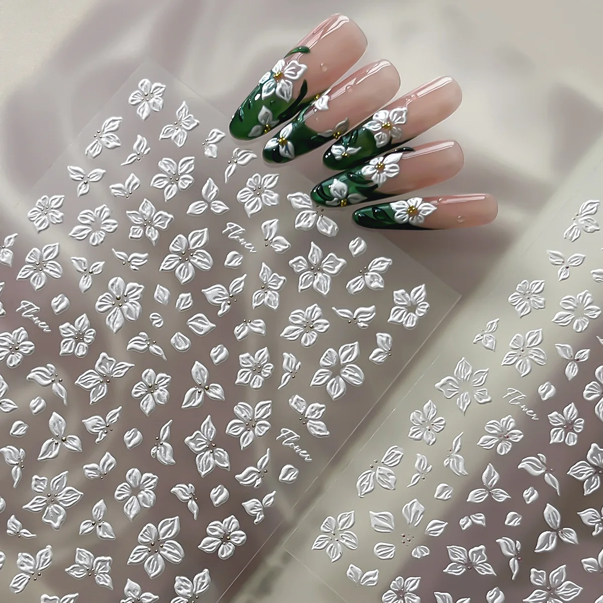 5D Embossed White Flower Nail Stickers Self-adhesive Five Petal Flowers Nail Art Stickers For DIY Self Adhesive Nail Decoration