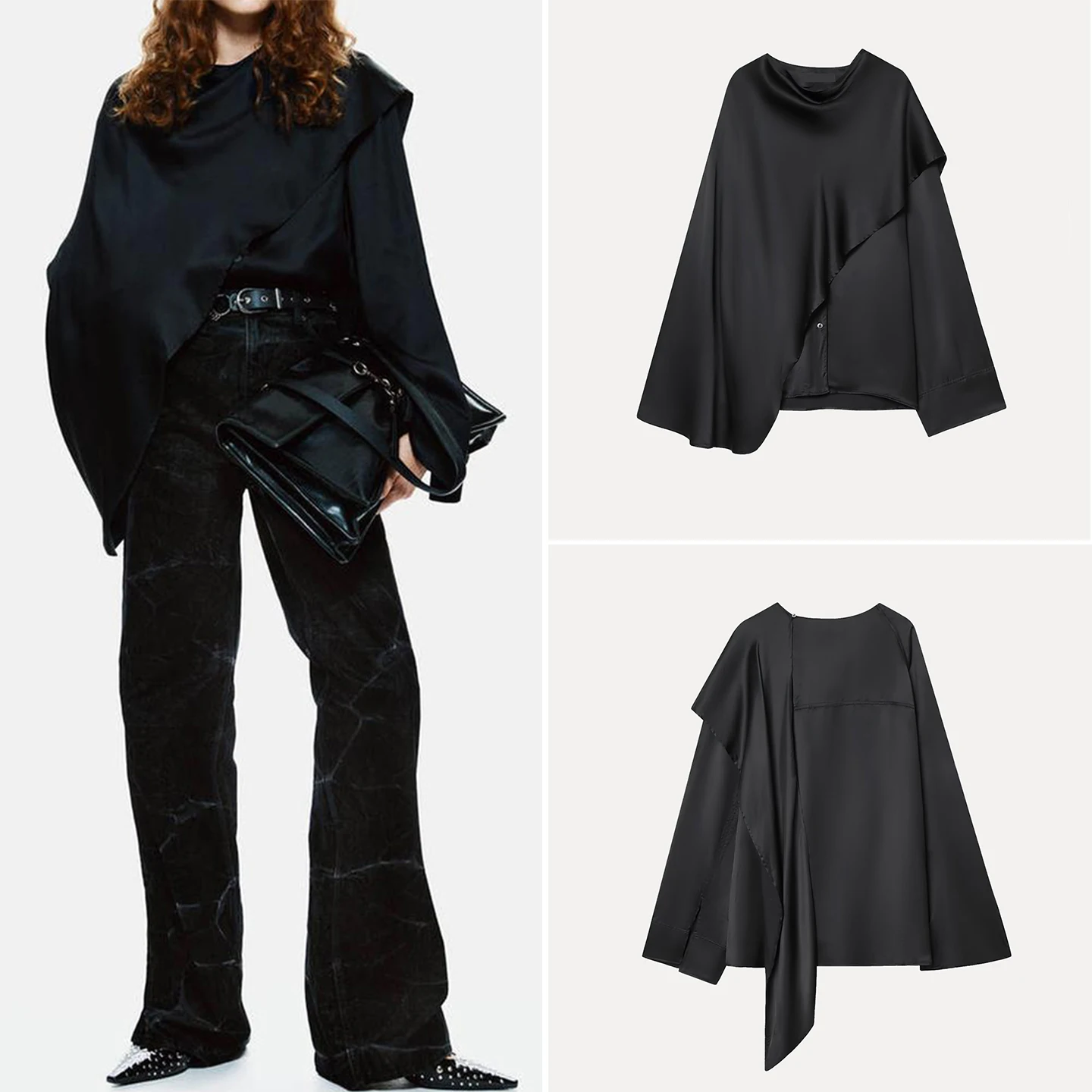 Faionable لون نقي irt التفاف علوي تصميم بسيط المرأة Sle الخريف 2025 Z غير المتكافئة Batwing Sve لباس غير رسمي #1