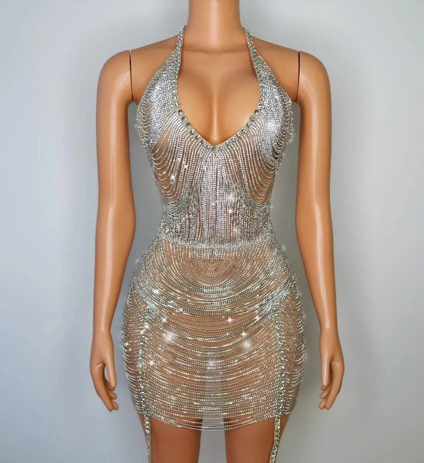

Silver Crystals Chains Sexy Rhinestones Transparent Dress Evening Dancer Outfit Birthday Celebrate Costume Club Dress